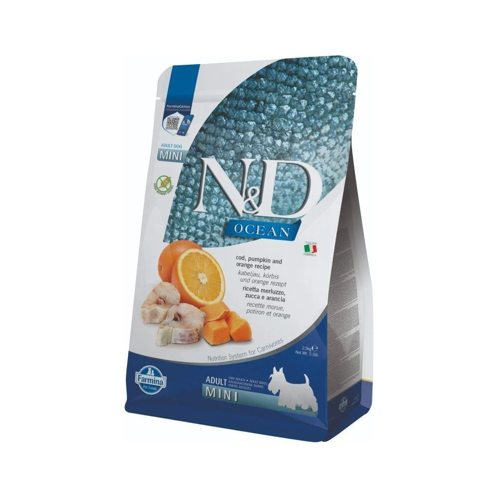 Сухий корм для собак Farmina N&D Grain Free Ocean Mini Adult 2,5 кг - тріска та апельсин Сухий корм для собак Farmina N&D Grain Free Ocean Mini Adult 2,5 кг - тріска та апельсин