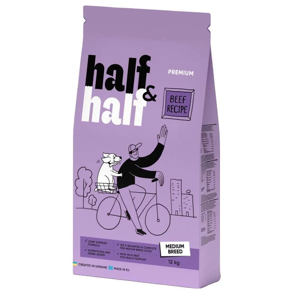 Сухой корм для собак Half&Half Medium Breed 12 кг - говядина Сухой корм для собак Half&Half Medium Breed 12 кг - говядина