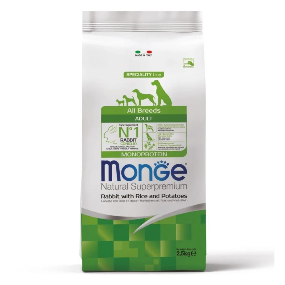 Сухий корм для собак Monge Monoprotein All Breeds Adult 2,5 кг - кролик, рис та картопля Сухий корм для собак Monge Monoprotein All Breeds Adult 2,5 кг - кролик, рис та картопля