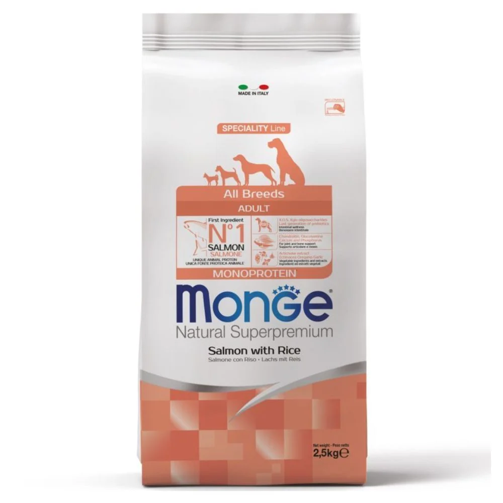 Сухий корм для собак Monge Monoprotein All Breeds Adult 2,5 кг - лосось та рис Сухий корм для собак Monge Monoprotein All Breeds Adult 2,5 кг - лосось та рис