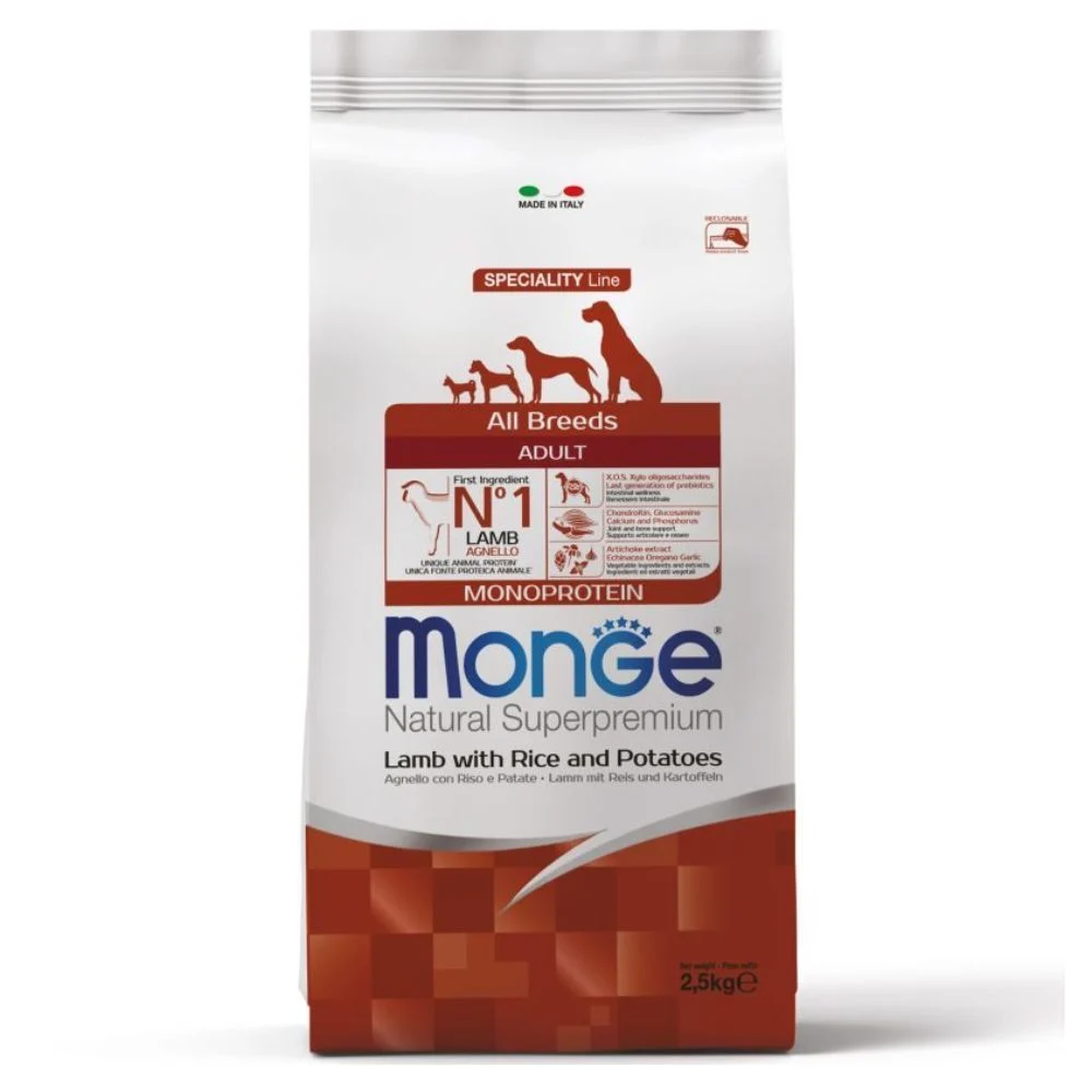 Сухий корм для собак Monge Monoprotein All Breeds Adult 2,5 кг - ягня, рис та картопля Сухий корм для собак Monge Monoprotein All Breeds Adult 2,5 кг - ягня, рис та картопля