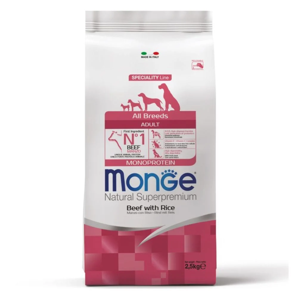 Сухий корм для собак Monge Monoprotein All Breeds Adult 2,5 кг - яловичина та рис Сухий корм для собак Monge Monoprotein All Breeds Adult 2,5 кг - яловичина та рис