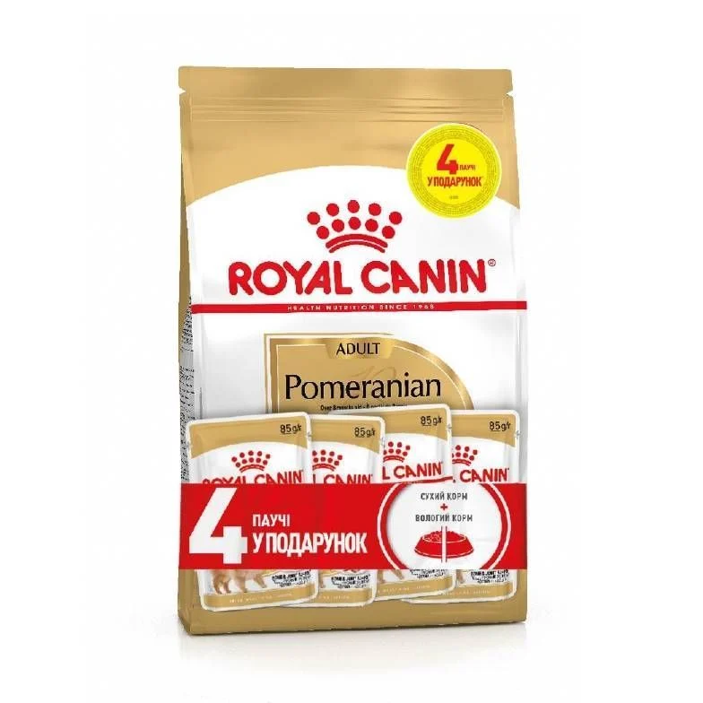 Набор сухого и влажного корма для собак Royal Canin Pomeranian Adult 1,5 кг + 4 шт. по 85 г Набор сухого и влажного корма для собак Royal Canin Pomeranian Adult 1,5 кг + 4 шт. по 85 г