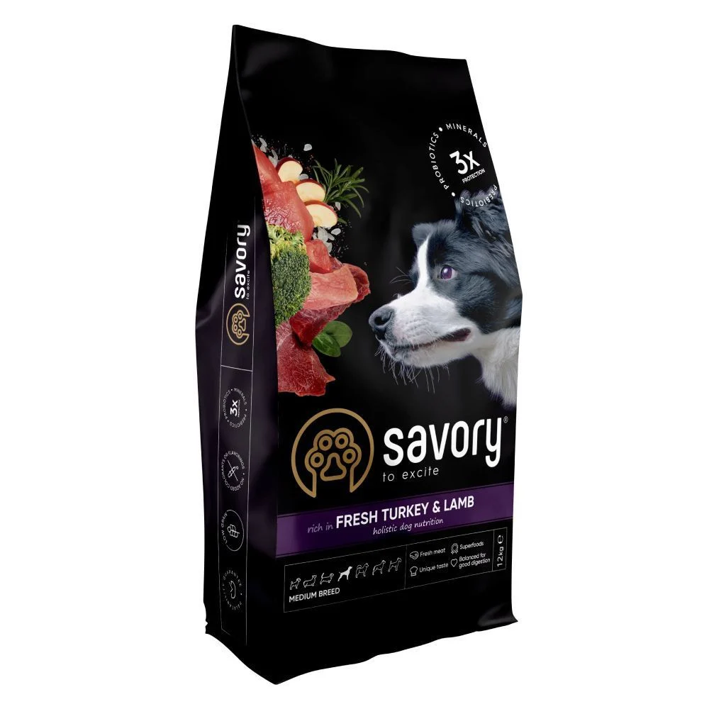 Сухий корм для собак Savory Medium Breed 12 кг - індичка та ягня