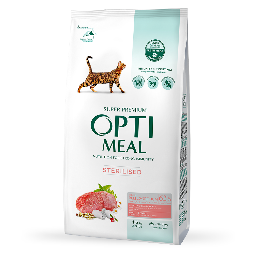 Сухий корм для котів Optimeal Sterilised Adult 1,5 кг - яловичина та сорго Сухий корм для котів Optimeal Sterilised Adult 1,5 кг - яловичина та сорго