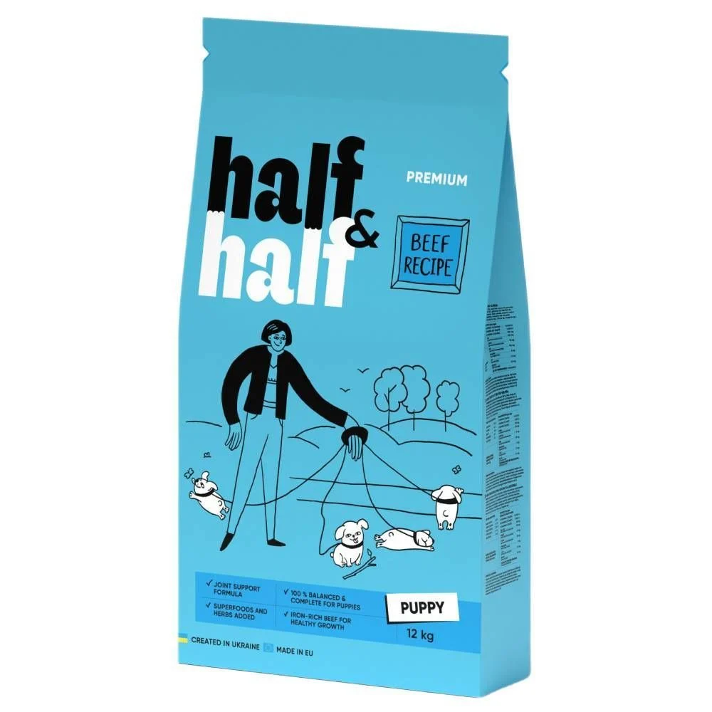 Сухой корм для щенков Half&Half Puppy 12 кг - говядина Сухой корм для щенков Half&Half Puppy 12 кг - говядина