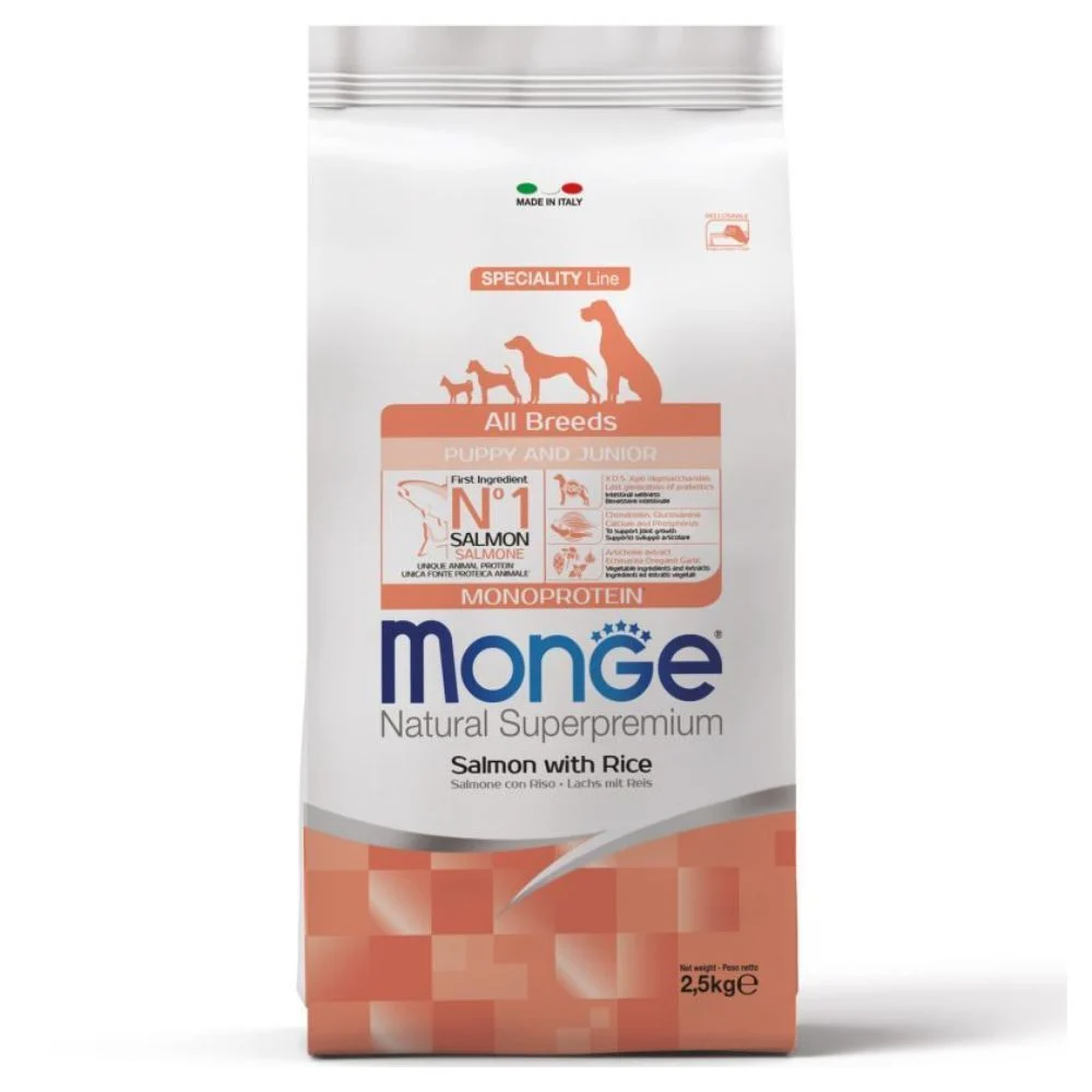 Сухий корм для цуценят Monge Monoprotein All Breeds Puppy and Junior 2,5 кг - лосось та рис