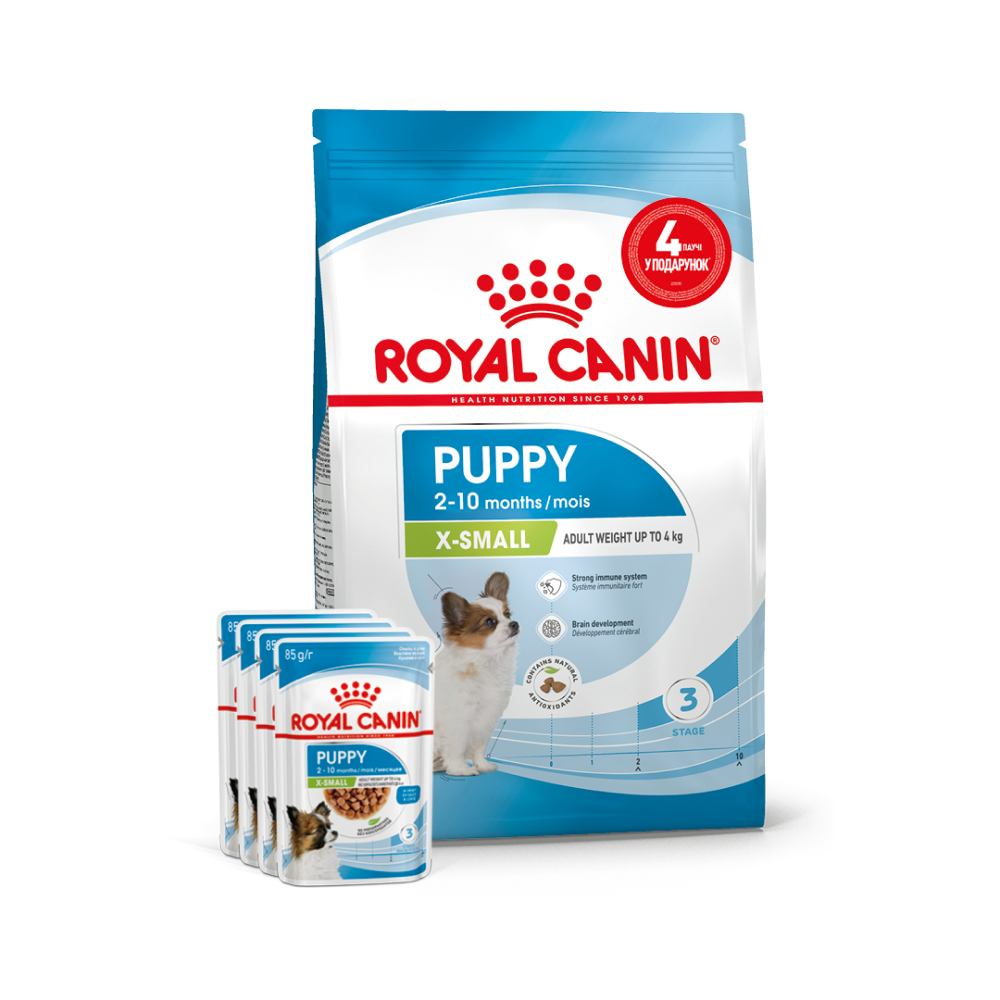Набір сухого та вологого корму для цуценят Royal Canin Puppy X-Small 1,5 кг + 4 шт х 85 г