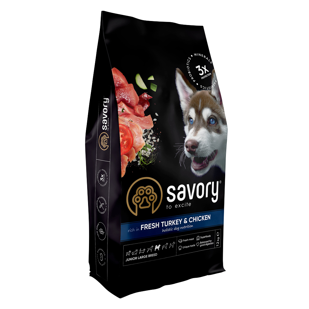 Сухой корм для щенков Savory Junior Large Breed 12 кг - индейка и курица Сухой корм для щенков Savory Junior Large Breed 12 кг - индейка и курица