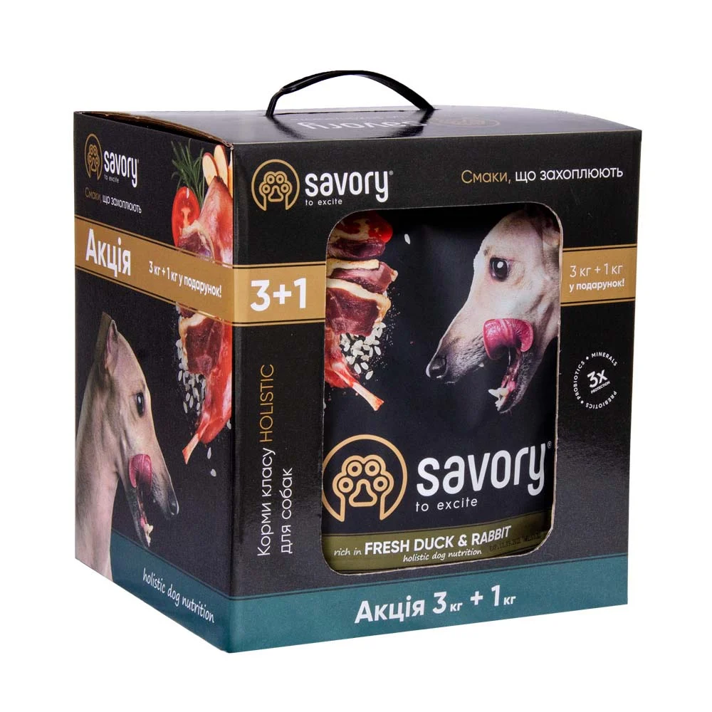 Сухий корм Savory для собак усіх порід 3+1 кг - качка та кролик
