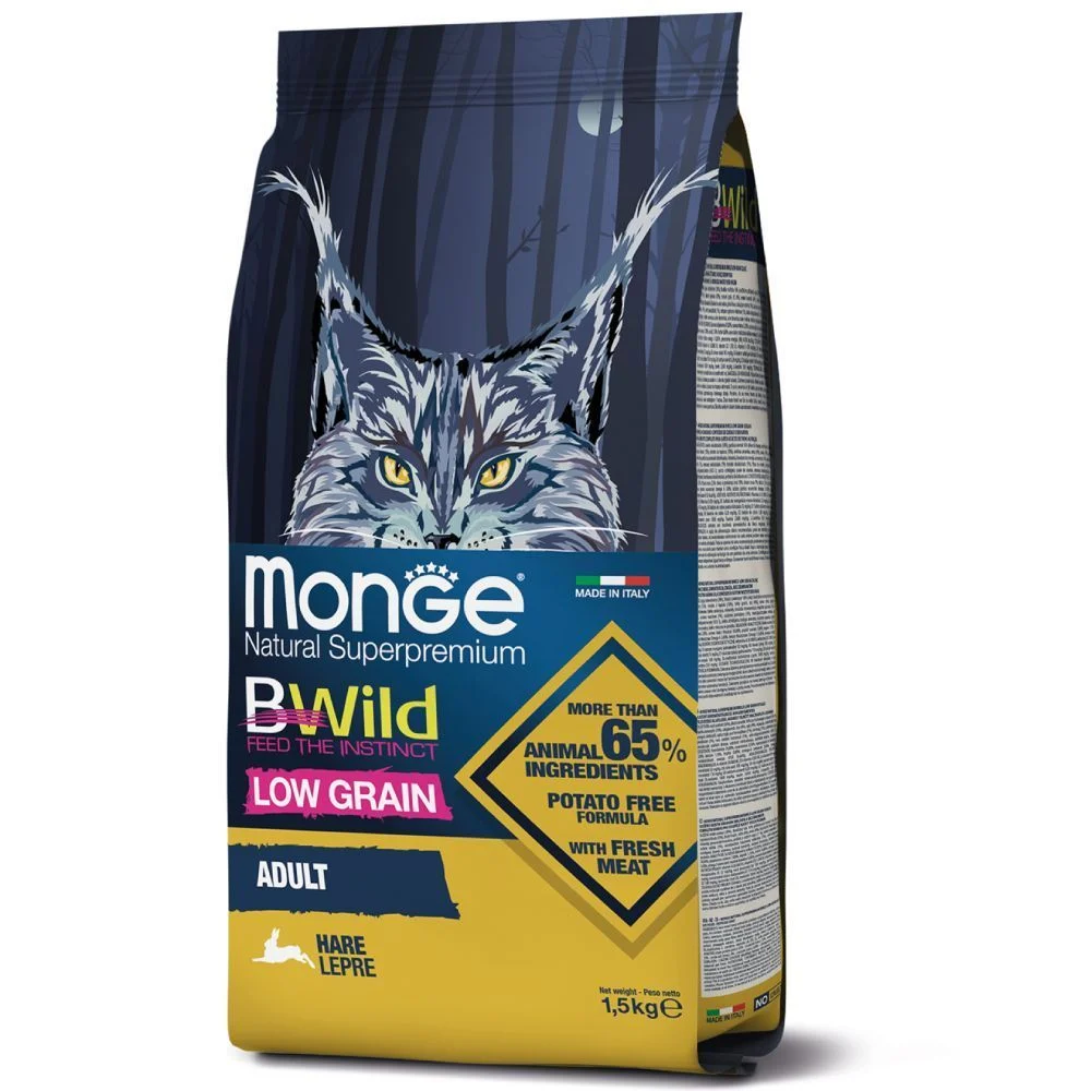 Сухий корм для котів Monge Bwild Low Grain Adult 1,5 кг - м'ясо зайця Сухий корм для котів Monge Bwild Low Grain Adult 1,5 кг - м'ясо зайця
