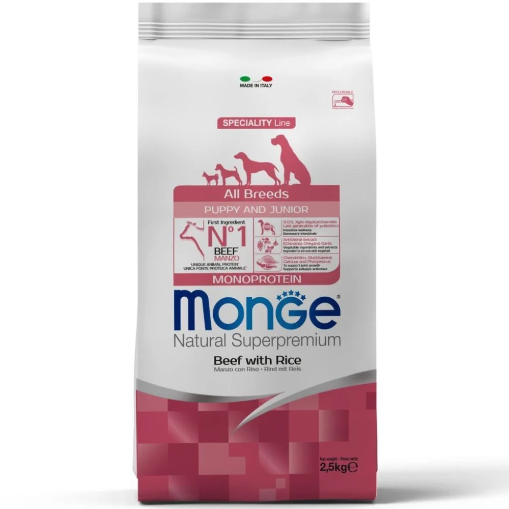 Сухой корм для щенков Monge Monoprotein All Breeds Puppy & Junior 2,5 кг - говядина и рис Сухой корм для щенков Monge Monoprotein All Breeds Puppy & Junior 2,5 кг - говядина и рис