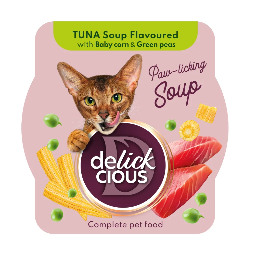 Суп для котів Delickcious 80 г - тунець, кукурудза та горошок Суп для котів Delickcious 80 г - тунець, кукурудза та горошок