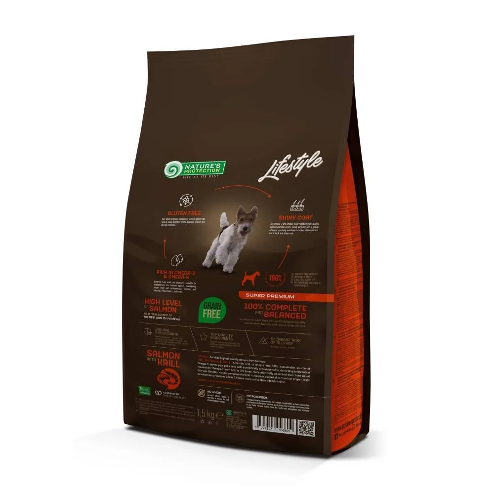 Сухой корм для собак Nature's Protection Lifestyle Grain Free Adult Small & Mini Breeds 1,5 кг — лосось и криль Сухой корм для собак Nature's Protection Lifestyle Grain Free Adult Small & Mini Breeds 1,5 кг — лосось и криль