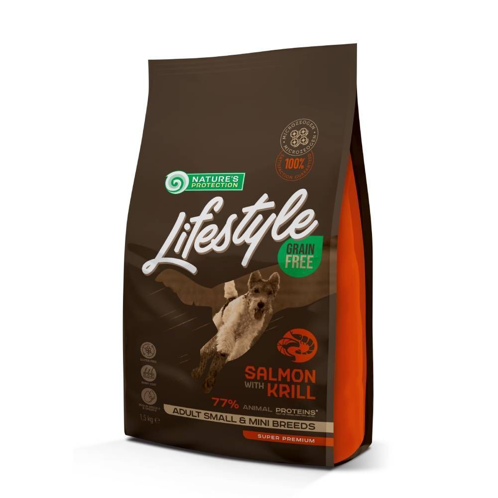Сухой корм для собак Nature's Protection Lifestyle Grain Free Adult Small & Mini Breeds 1,5 кг — лосось и криль Сухой корм для собак Nature's Protection Lifestyle Grain Free Adult Small & Mini Breeds 1,5 кг — лосось и криль