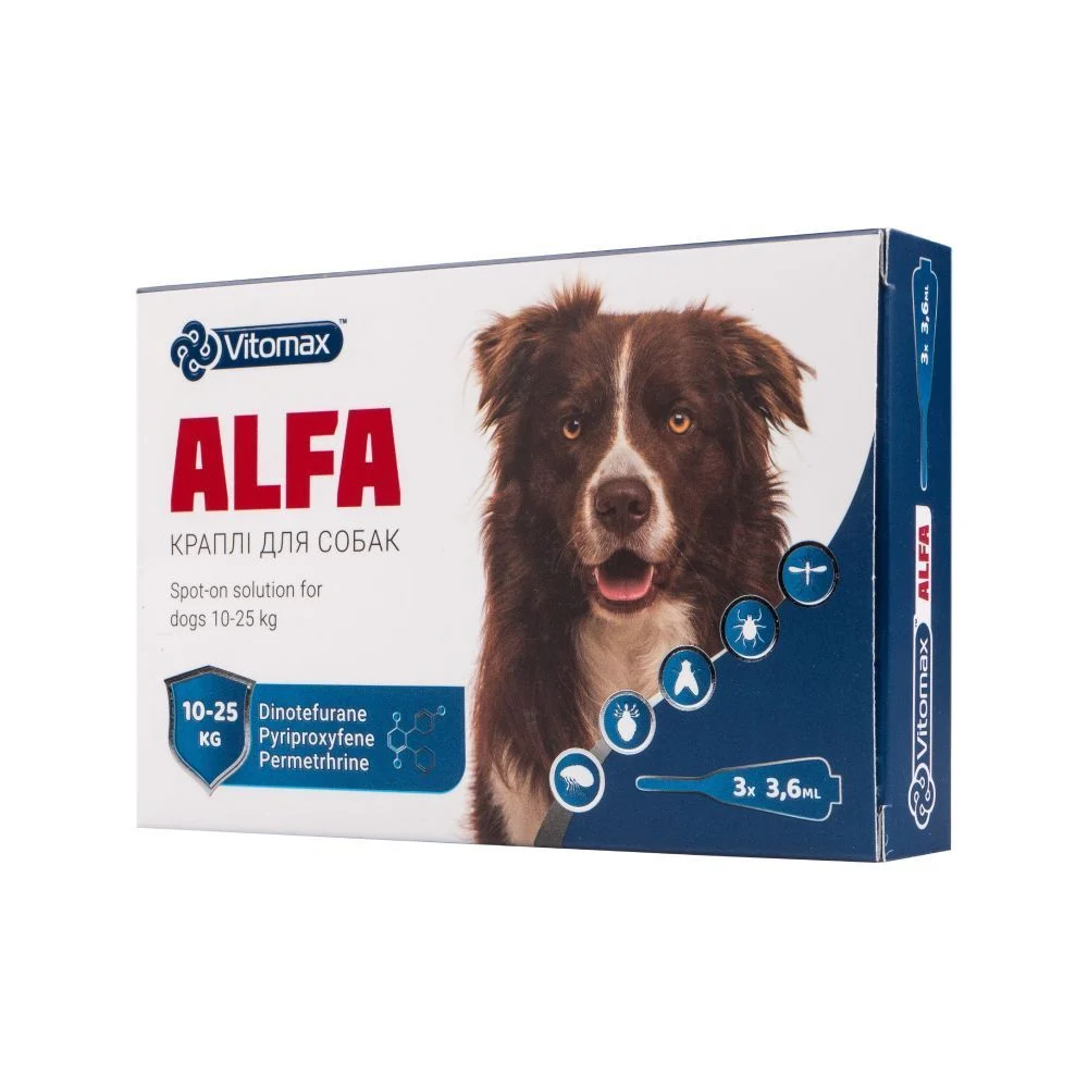 Vitomax Alfa капли на затылок для собак 10-25 кг 3 шт. х 3,6 мл Vitomax Alfa капли на затылок для собак 10-25 кг 3 шт. х 3,6 мл