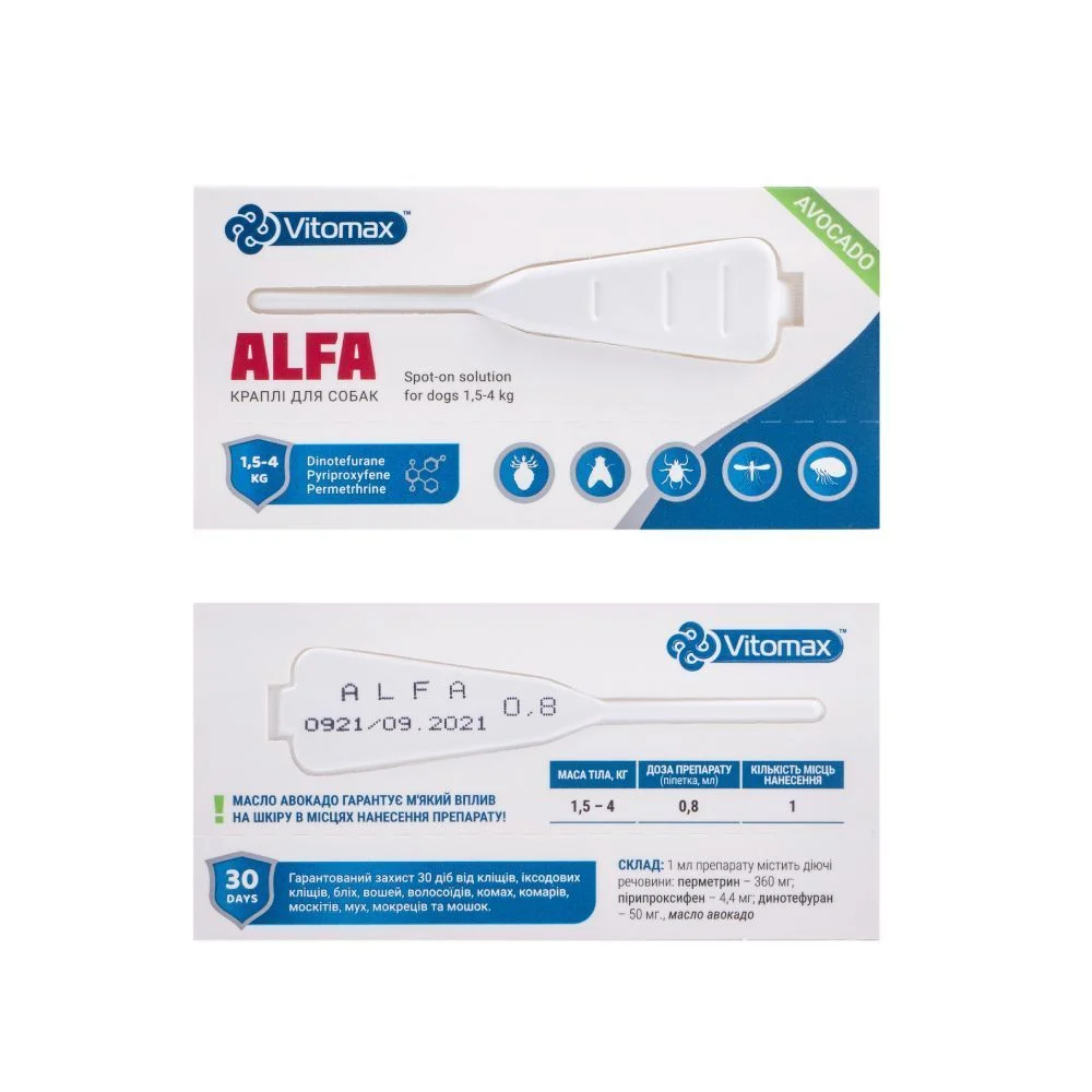 Vitomax Alfa капли на затылок для собак 1,5-4 кг 3 шт. х 0,8 мл Vitomax Alfa капли на затылок для собак 1,5-4 кг 3 шт. х 0,8 мл