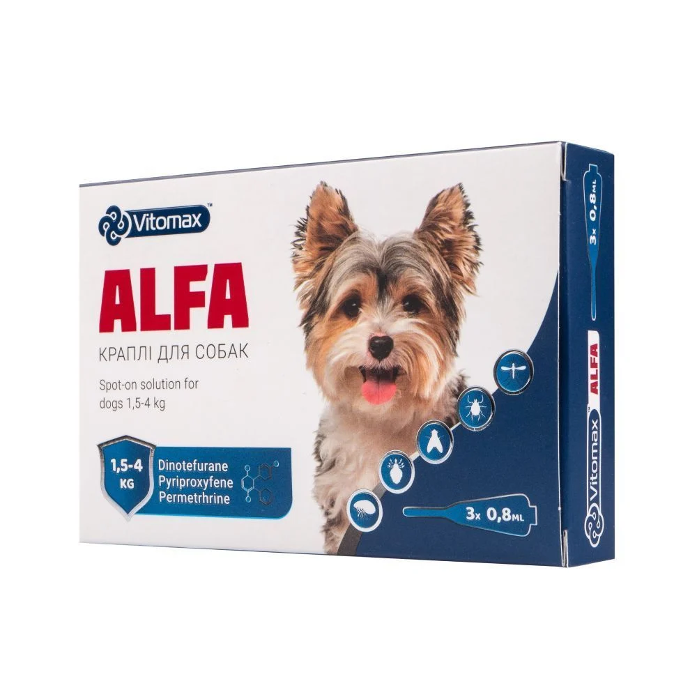 Vitomax Alfa капли на затылок для собак 1,5-4 кг 3 шт. х 0,8 мл Vitomax Alfa капли на затылок для собак 1,5-4 кг 3 шт. х 0,8 мл
