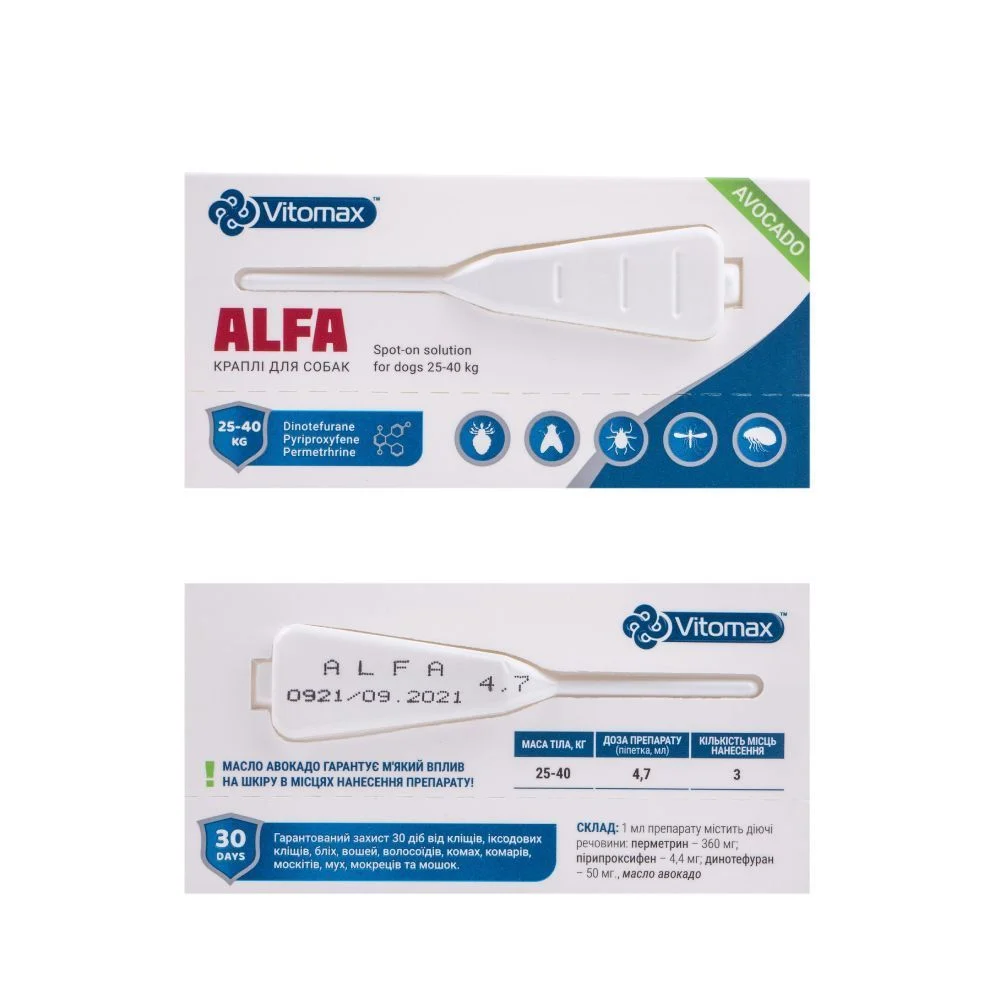 Vitomax Alfa краплі на холку для собак 25-40 кг 2 шт х 4,7 мл