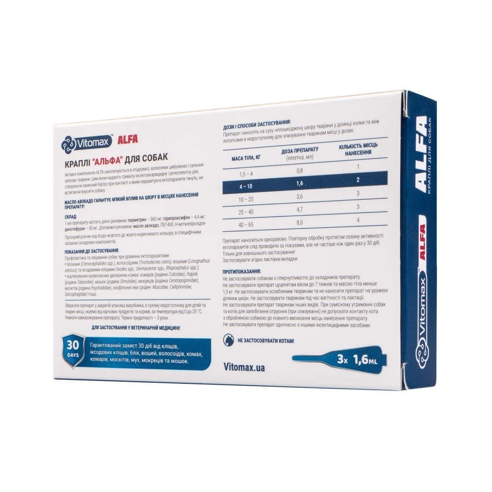 Vitomax Alfa капли на затылок для собак 4-10 кг 3 шт. х 1,6 мл Vitomax Alfa капли на затылок для собак 4-10 кг 3 шт. х 1,6 мл