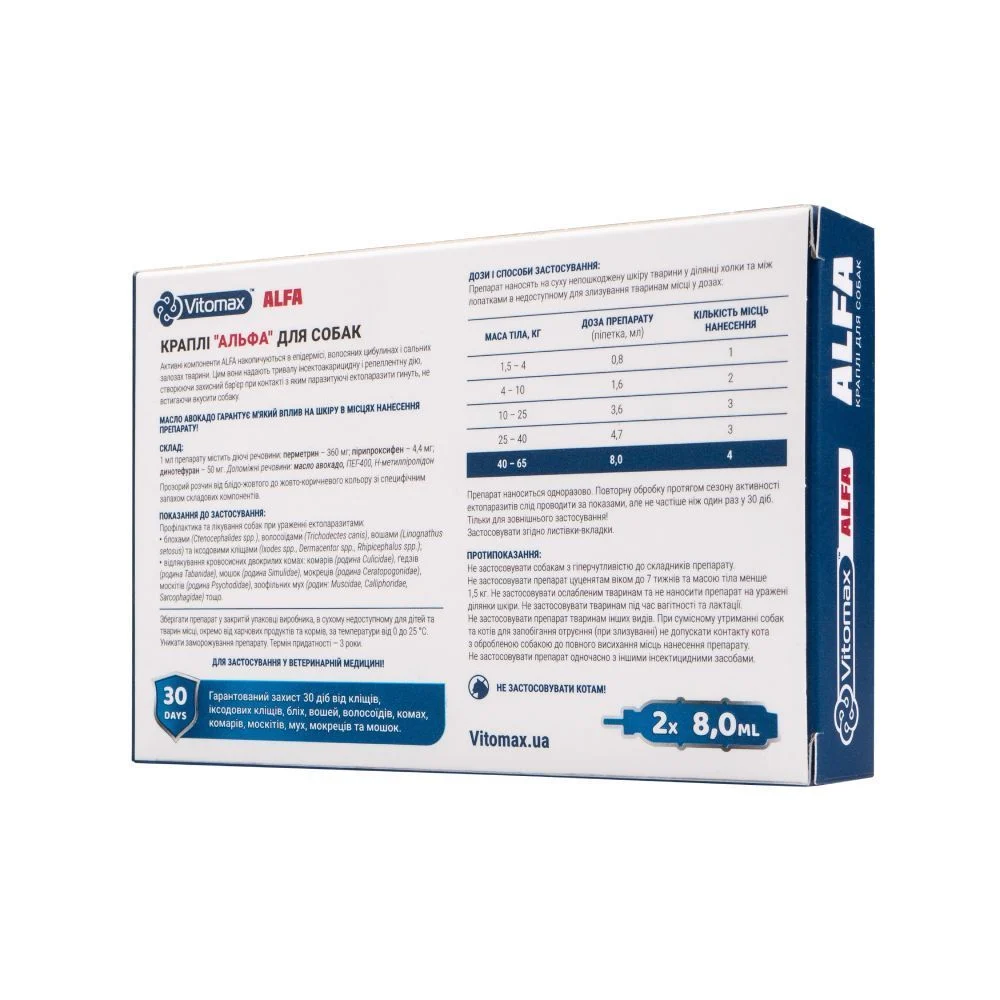 Vitomax Alfa краплі на холку для собак 40-65 кг 2 шт х 8 мл