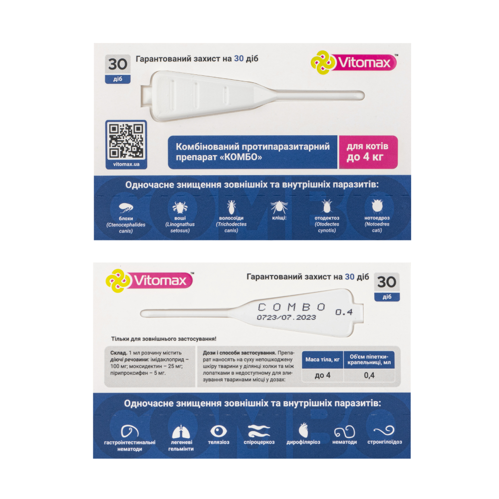 Vitomax Combo капли на затылок для кошек до 4 кг 3 шт. х 0,4 мл