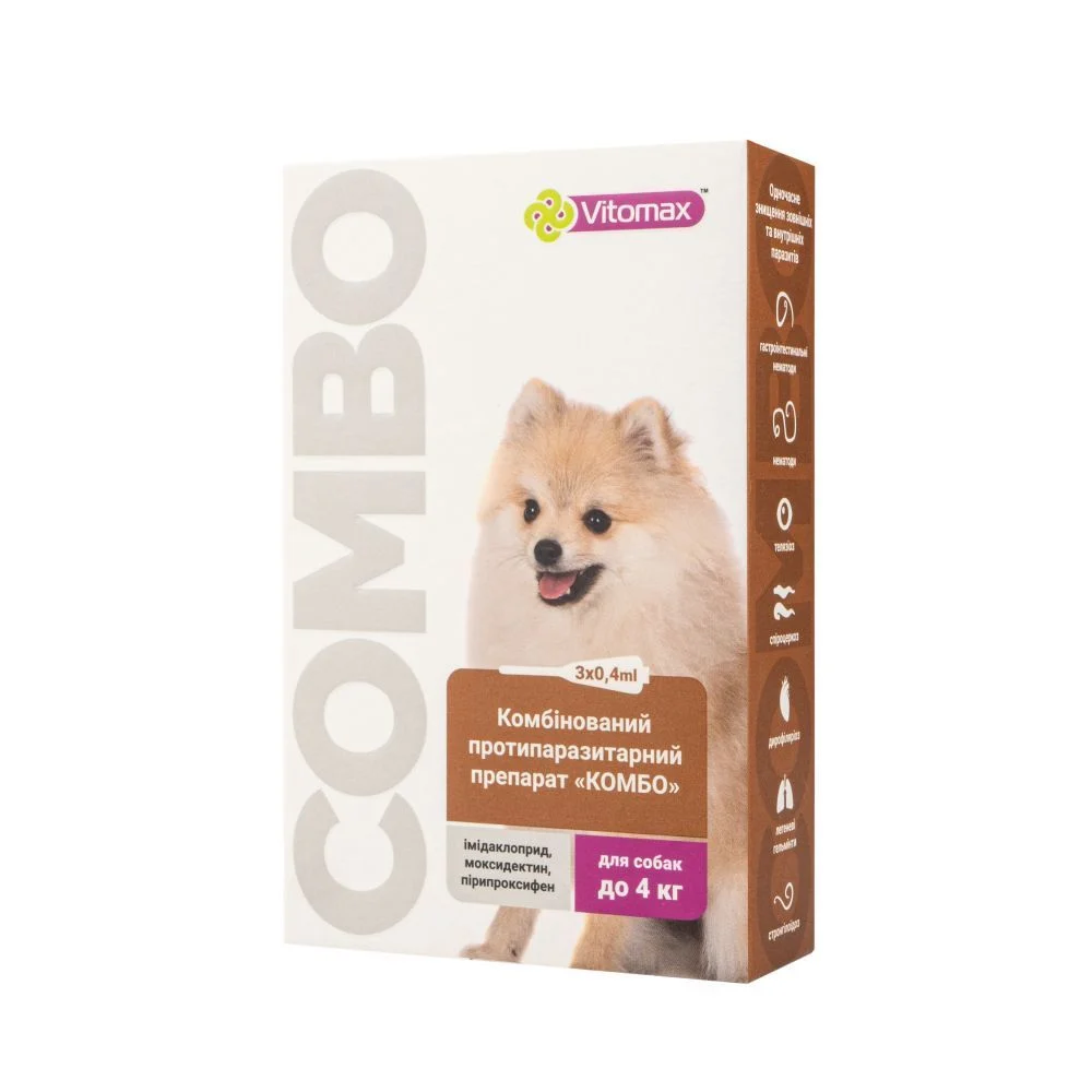 Vitomax Combo капли на затылок для собак до 4 кг 3 шт. х 0,4 мл Vitomax Combo капли на затылок для собак до 4 кг 3 шт. х 0,4 мл