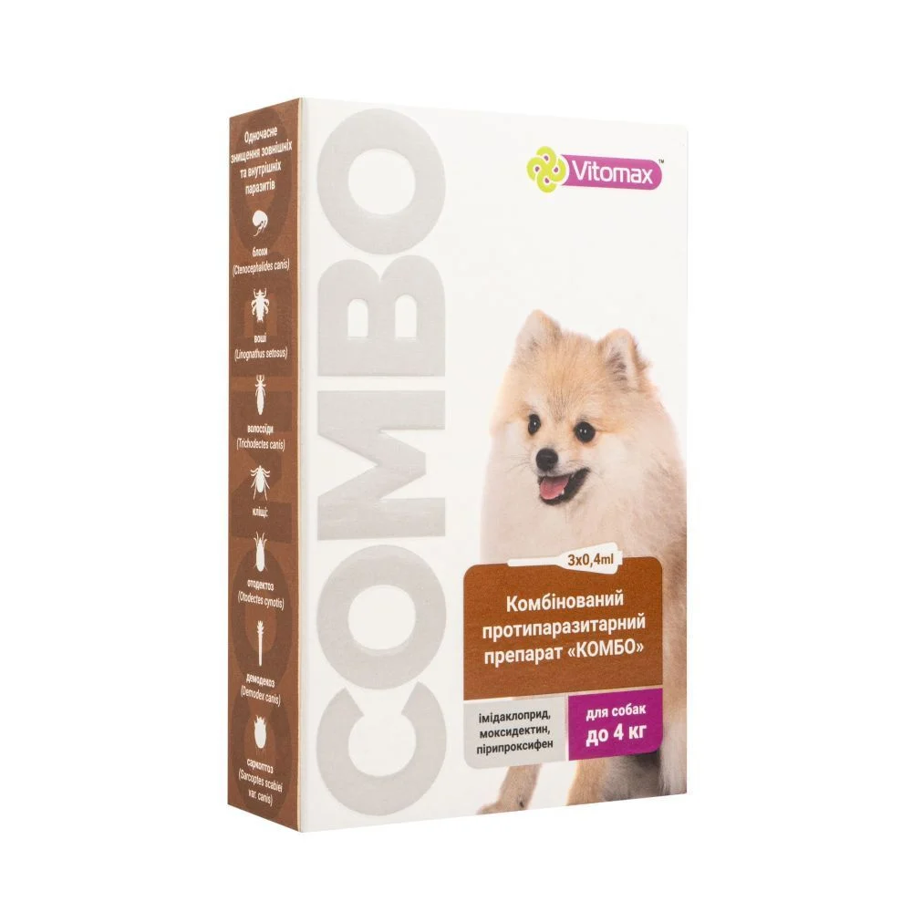 Vitomax Combo капли на затылок для собак до 4 кг 3 шт. х 0,4 мл Vitomax Combo капли на затылок для собак до 4 кг 3 шт. х 0,4 мл