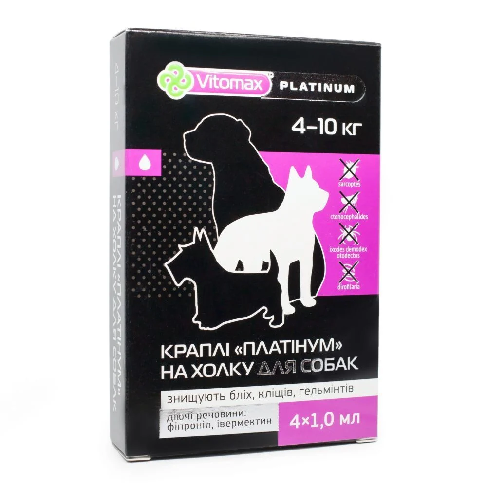 Vitomax Platinum капли на затылок для собак 4-10 кг 4 шт. х 1 мл Vitomax Platinum капли на затылок для собак 4-10 кг 4 шт. х 1 мл