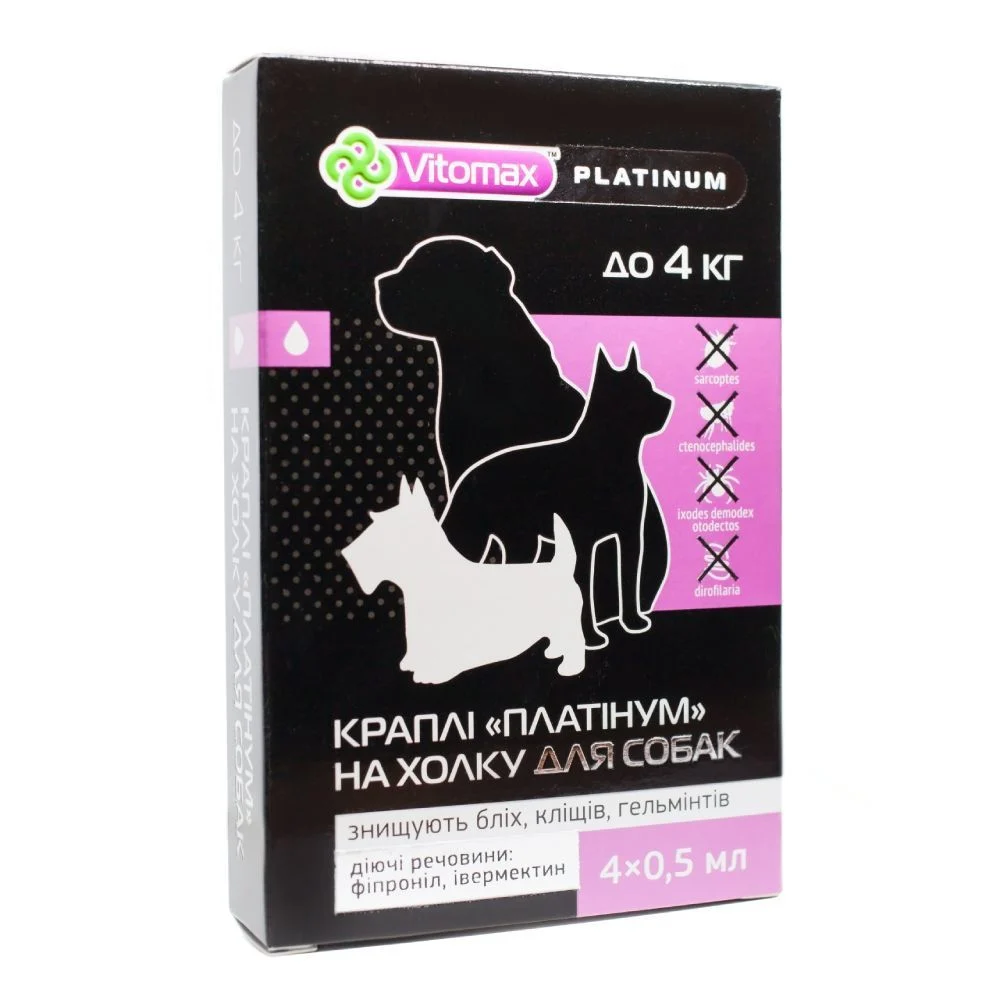 Vitomax Platinum капли на затылок для собак до 4 кг 4 шт. х 0,5 мл Vitomax Platinum капли на затылок для собак до 4 кг 4 шт. х 0,5 мл