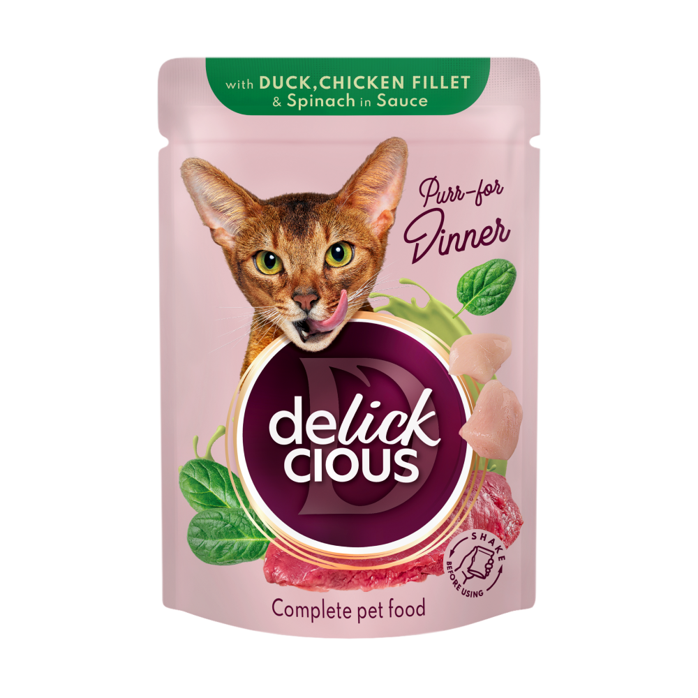 Вологий корм для котів Delickcious 85 г - качка, курка та шпинат Вологий корм для котів Delickcious 85 г - качка, курка та шпинат