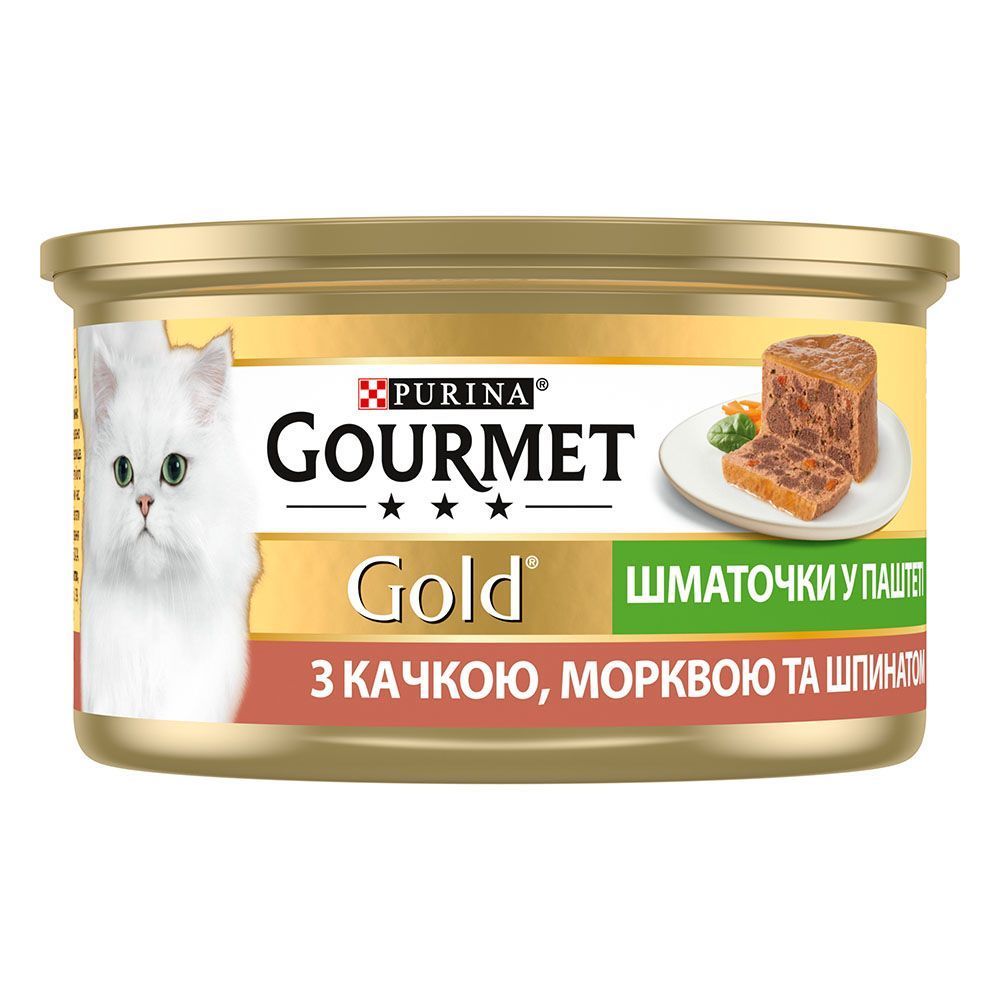 Вологий корм для котів Gourmet Gold Pieces in Pate 85 г - качка, морква та шпинат