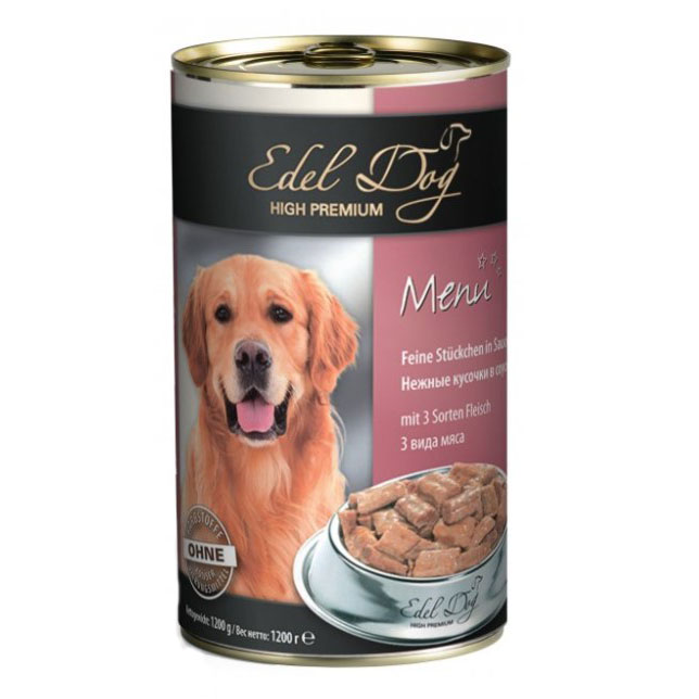 Влажный корм для собак Edel Dog 1200 г (три вида мяса в соусе) Влажный корм для собак Edel Dog 1200 г (три вида мяса в соусе)
