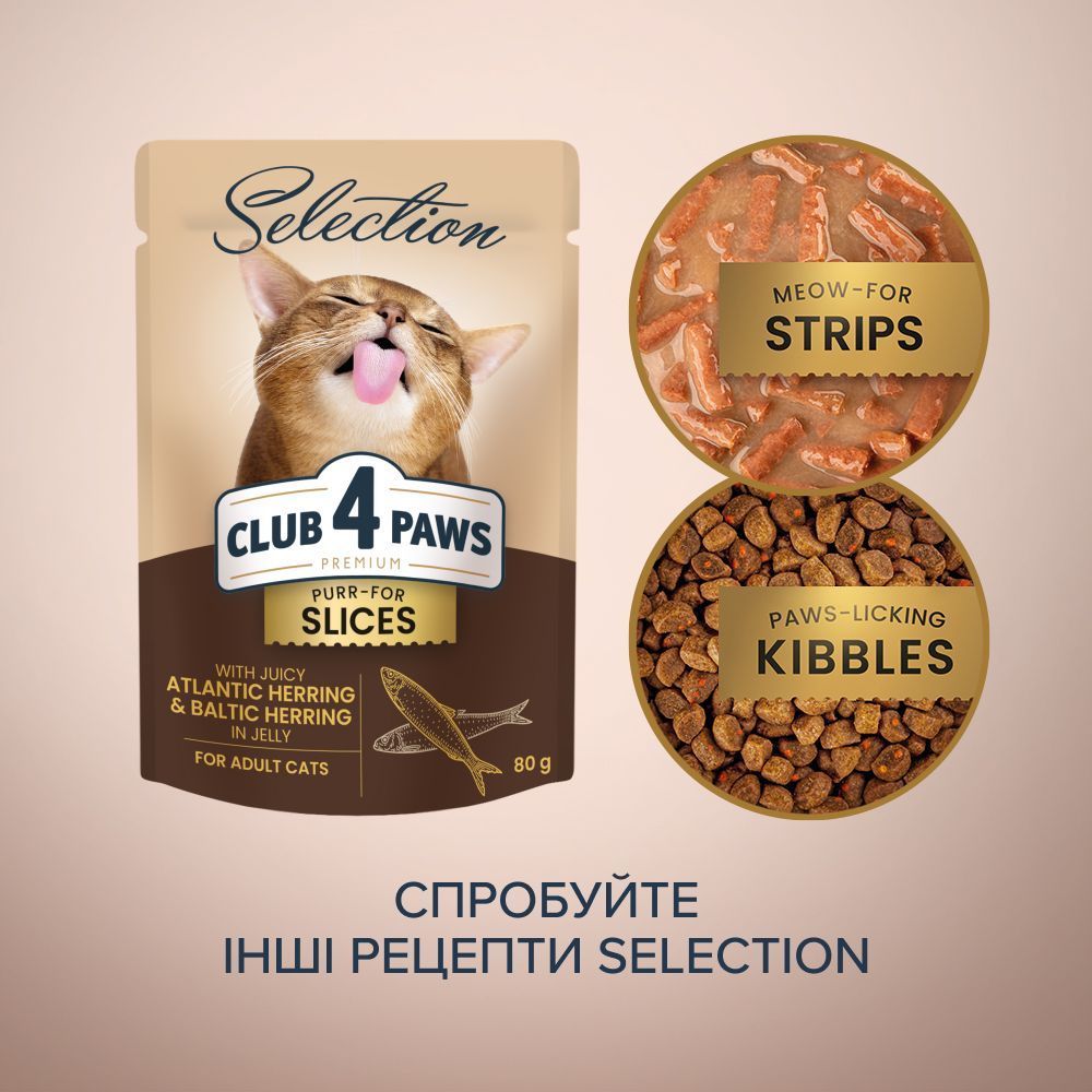Влажный корм для кошек Club 4 Paws Selection Purr-For Slices 80 г - сельдь и салама
