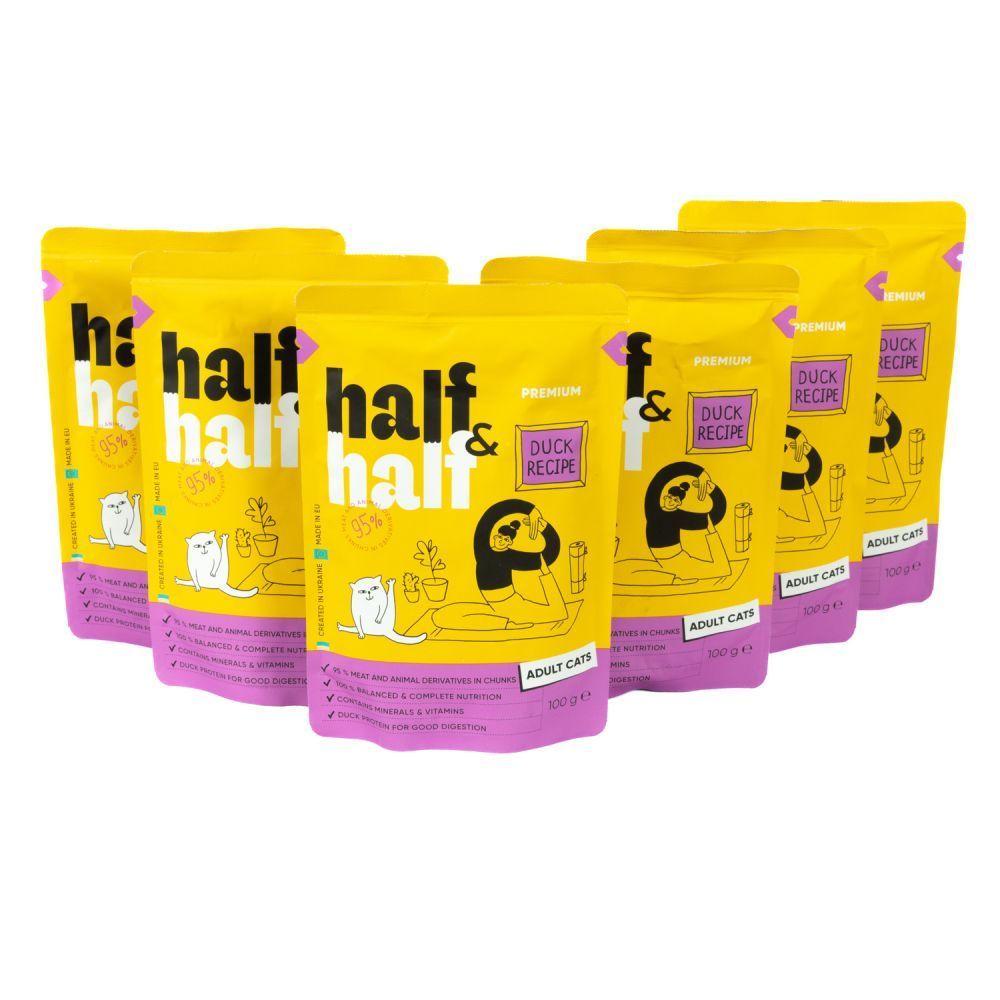 Упаковка вологого корму для котів Half&Half Adult 5+1 шт х 100 г - качка