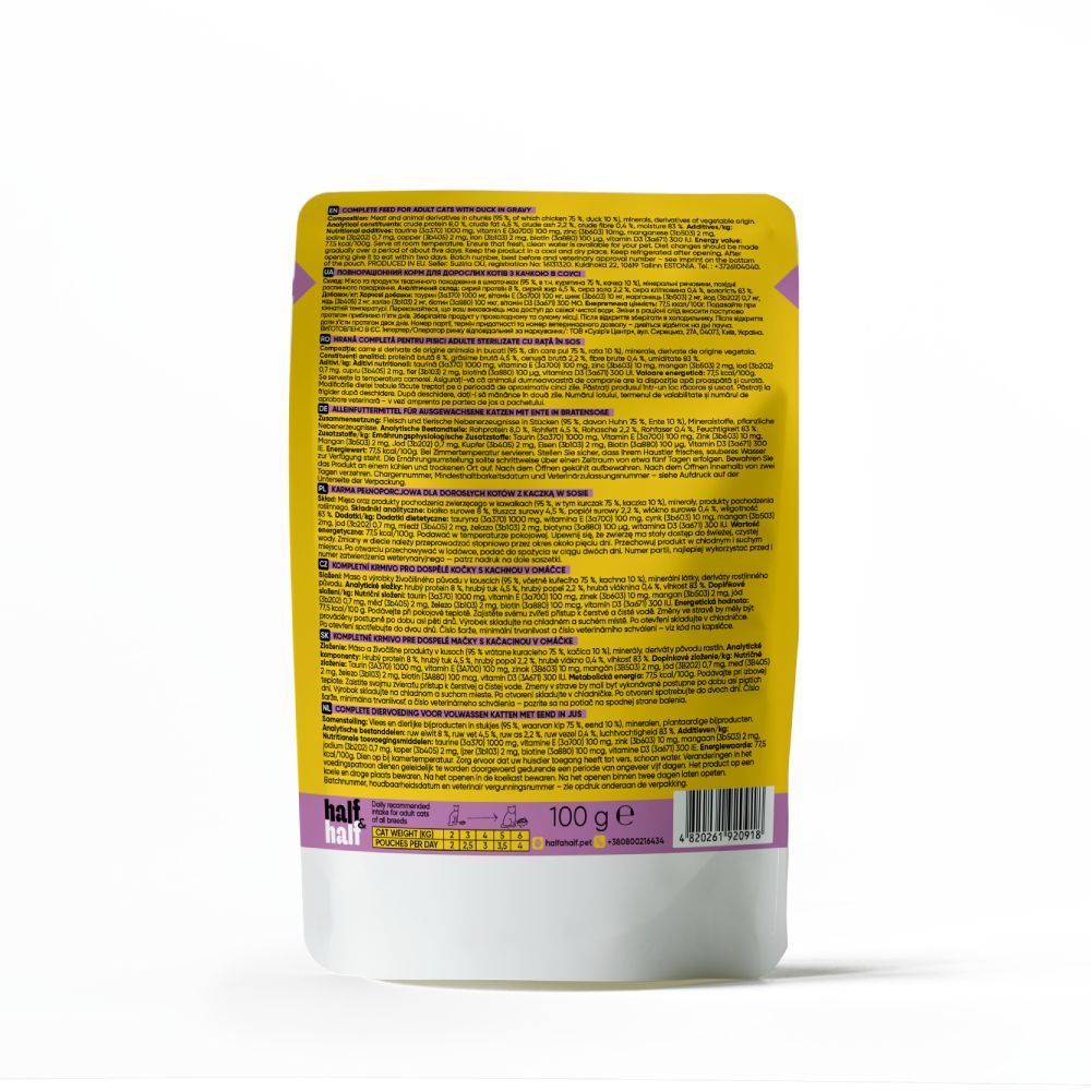 Упаковка вологого корму для котів Half&Half Adult 5+1 шт х 100 г - качка