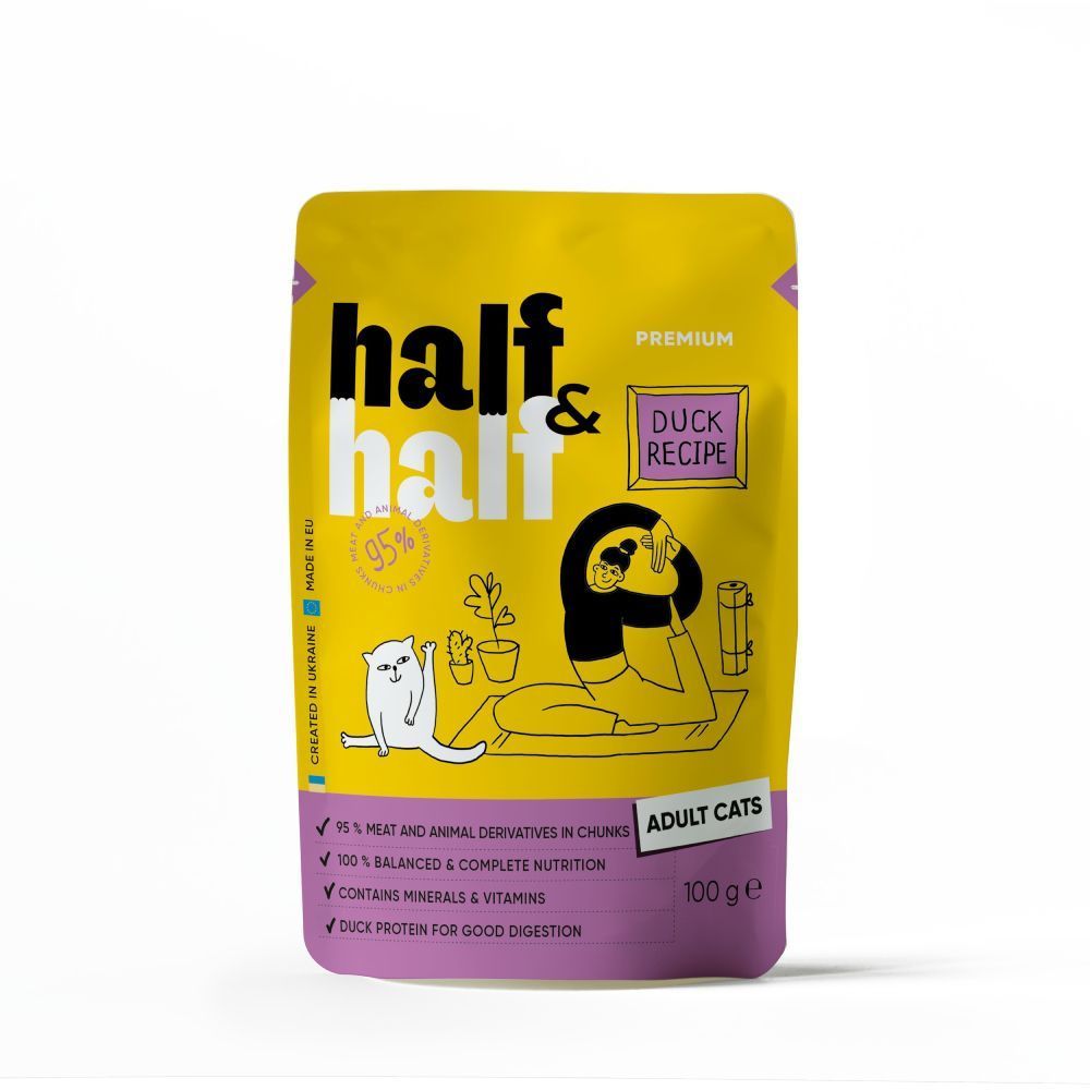 Упаковка вологого корму для котів Half&Half Adult 5+1 шт х 100 г - качка