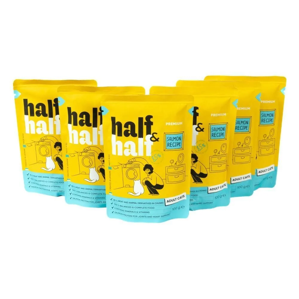 Упаковка вологого корму для котів Half&Half Adult 5+1 шт х 100 г - лосось