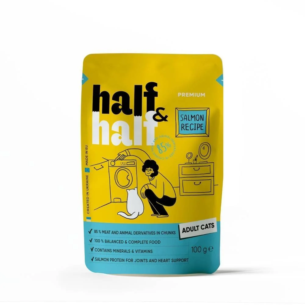 Упаковка вологого корму для котів Half&Half Adult 5+1 шт х 100 г - лосось