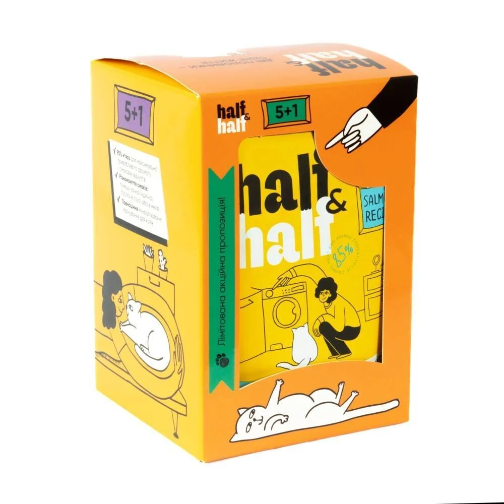 Упаковка вологого корму для котів Half&Half Adult 5+1 шт х 100 г - лосось