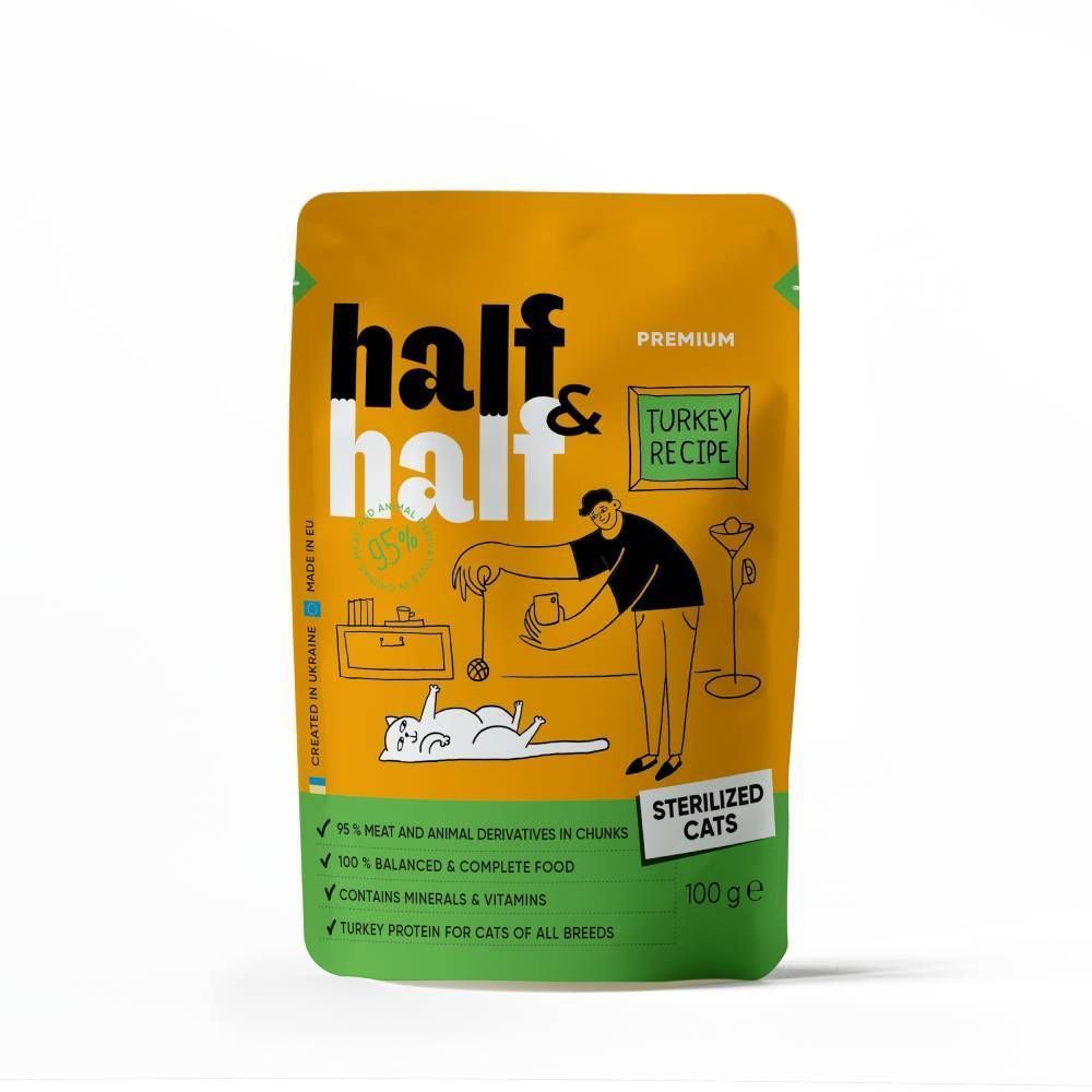 Упаковка вологого корму для котів Half&Half Sterilized 5+1 шт х 100 г - індичка