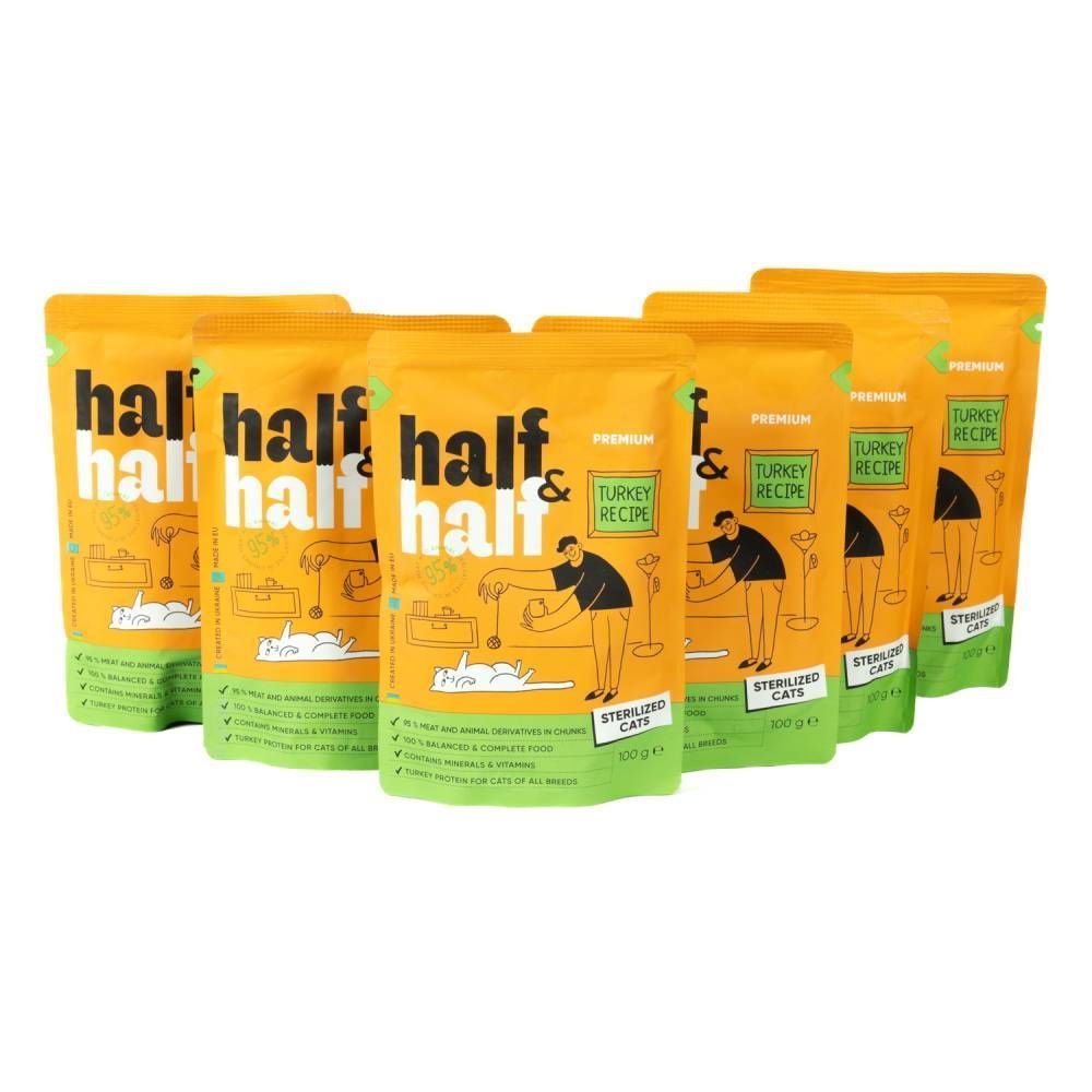 Упаковка вологого корму для котів Half&Half Sterilized 5+1 шт х 100 г - індичка