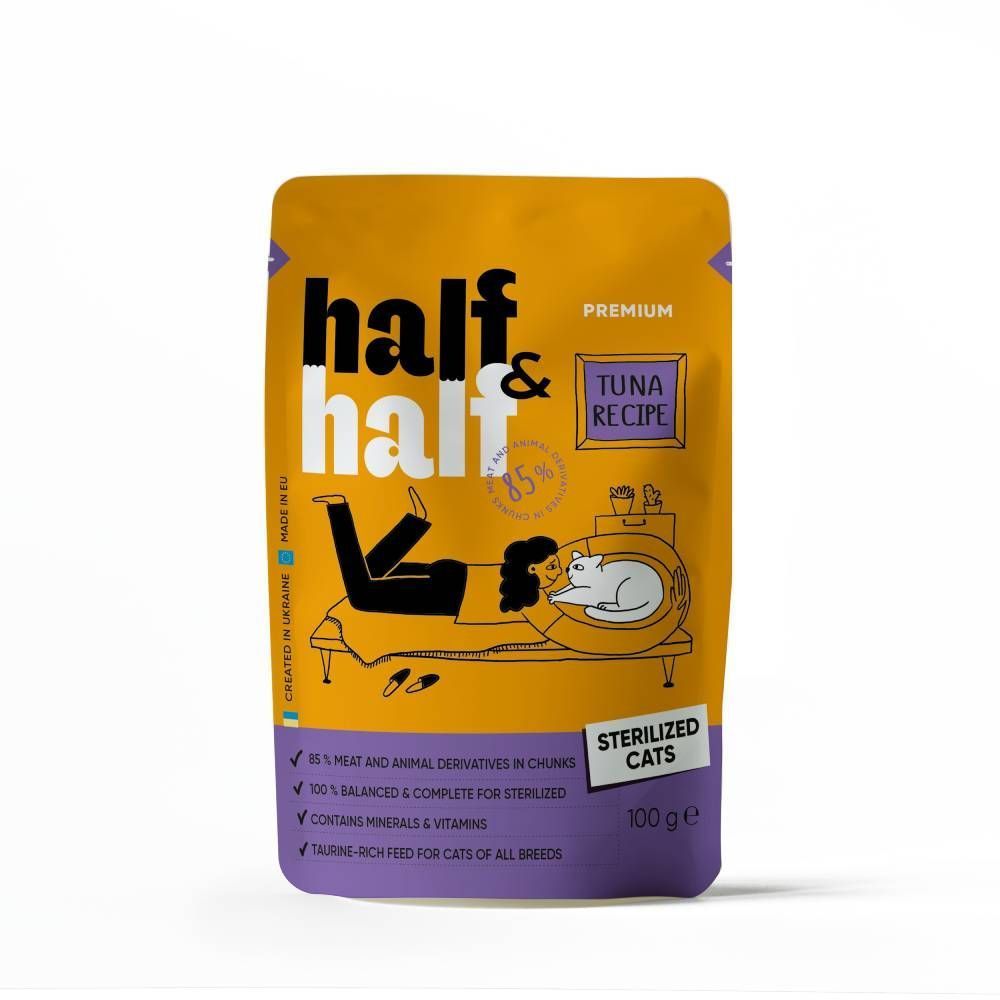 Упаковка вологого корму для котів Half&Half Sterilized 5+1 шт х 100 г - тунець