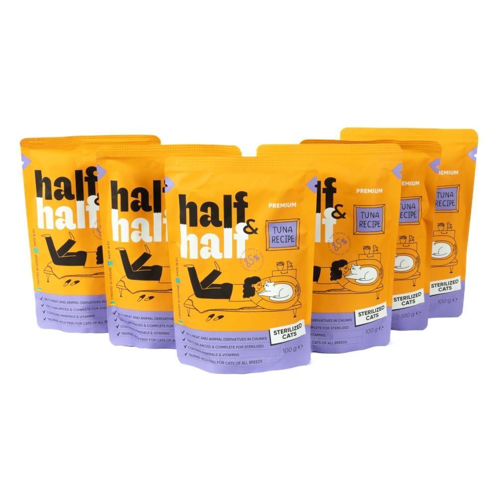 Упаковка вологого корму для котів Half&Half Sterilized 5+1 шт х 100 г - тунець