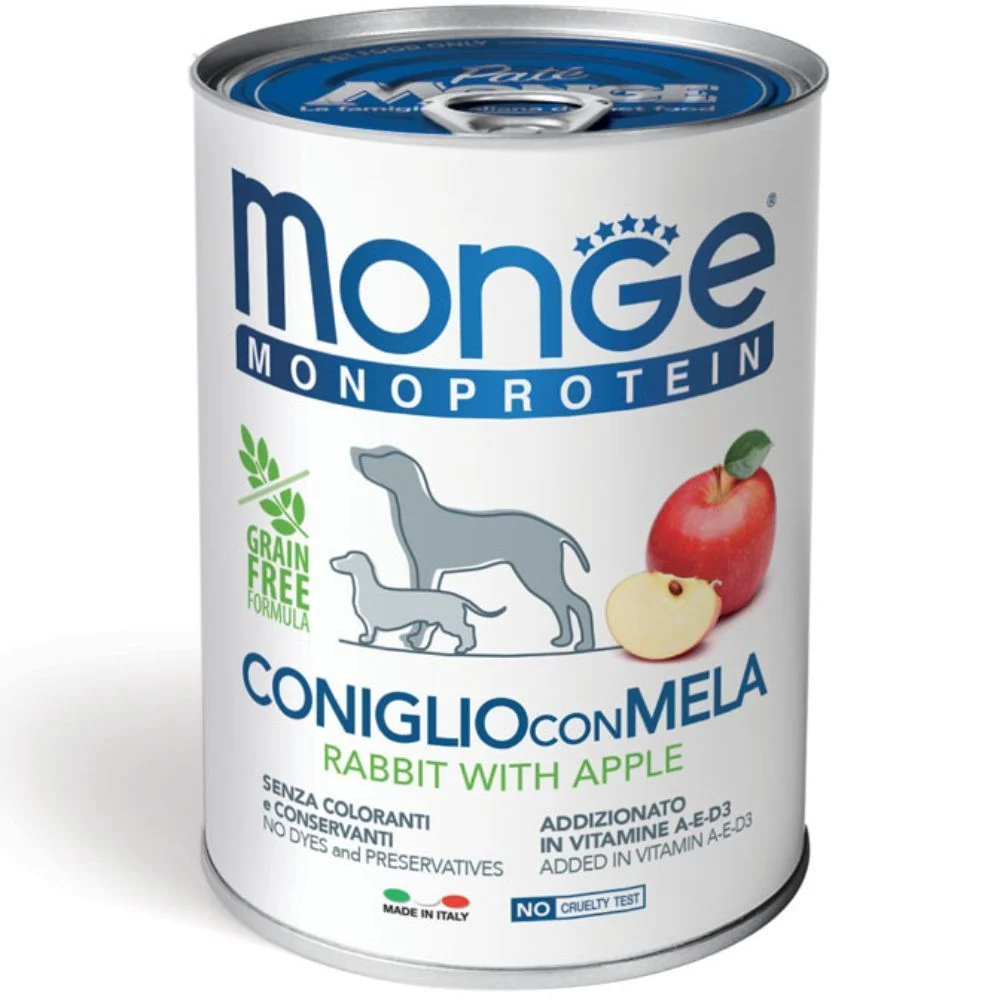 Вологий корм для собак Monge Fruit Monoprotein 400 г - кролик та яблуко Вологий корм для собак Monge Fruit Monoprotein 400 г - кролик та яблуко
