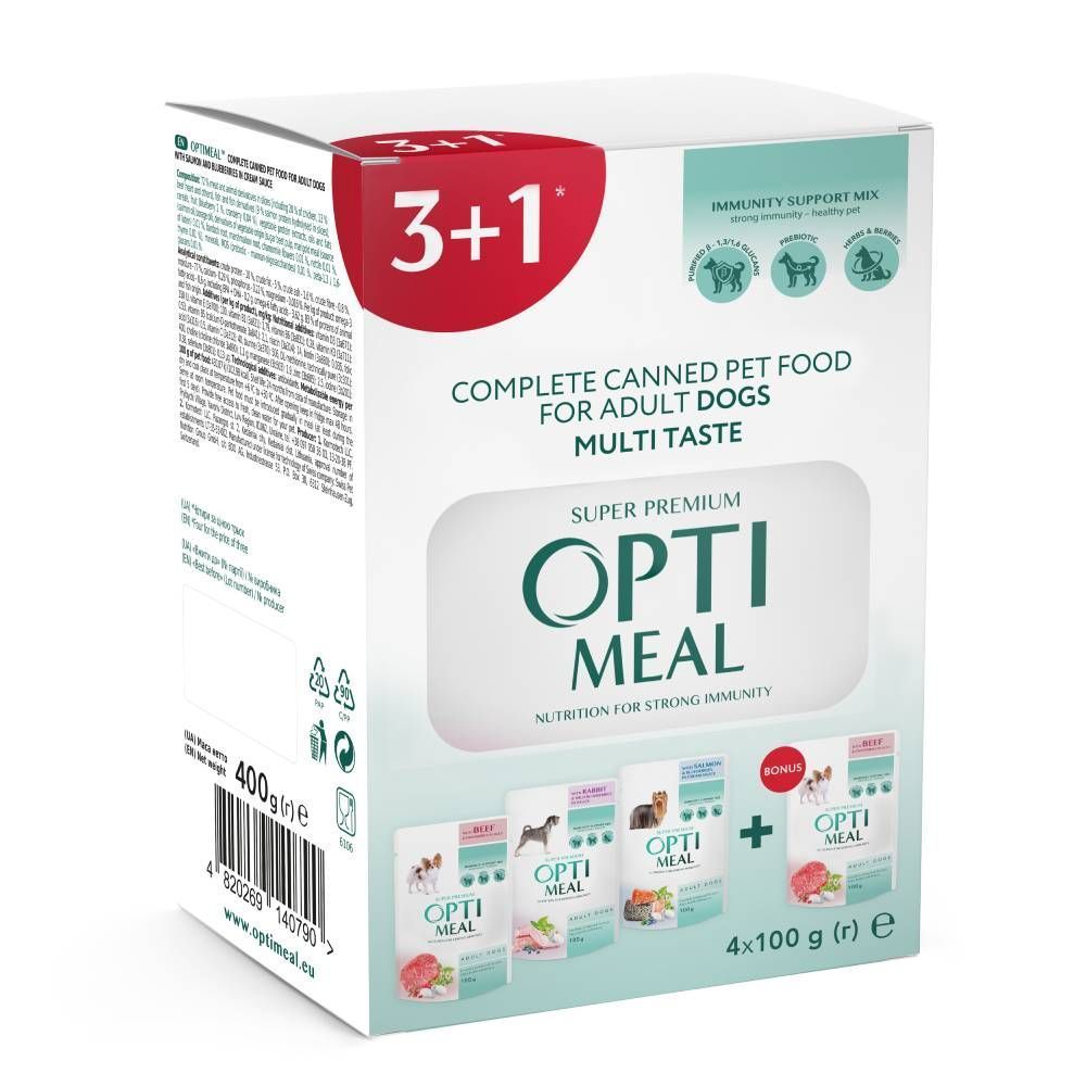 Вологий корм для собак Optimeal Complete Adult Multi Taste 3+1 шт х 100 г - асорті Вологий корм для собак Optimeal Complete Adult Multi Taste 3+1 шт х 100 г - асорті
