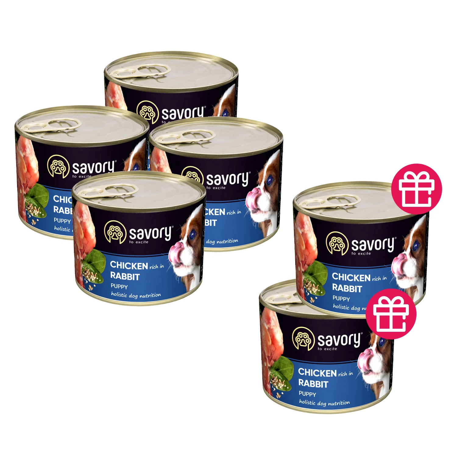 Влажный корм для щенков Savory 200 г 4 шт. + две банки в подарок — курица и кролик