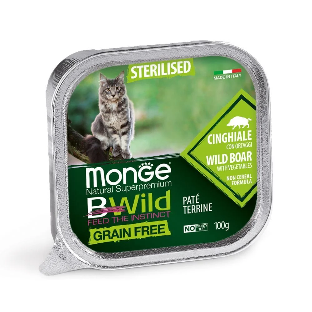 Вологий корм для котів Monge Bwild Grain Free Sterilised Adult 100 г - кабан та овочі Вологий корм для котів Monge Bwild Grain Free Sterilised Adult 100 г - кабан та овочі