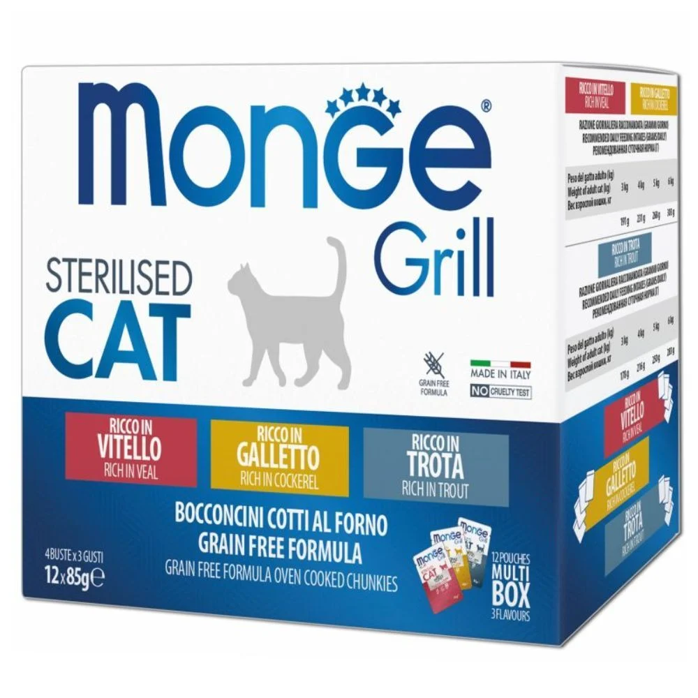 Набір вологого корму для котів Monge Grill Mix Sterilised 12 шт х 85 г - півень, форель та телятина Набір вологого корму для котів Monge Grill Mix Sterilised 12 шт х 85 г - півень, форель та телятина
