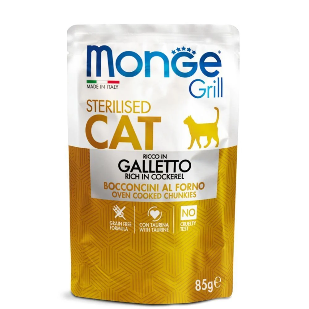 Набір вологого корму для котів Monge Grill Mix Sterilised 12 шт х 85 г - півень, форель та телятина Набір вологого корму для котів Monge Grill Mix Sterilised 12 шт х 85 г - півень, форель та телятина